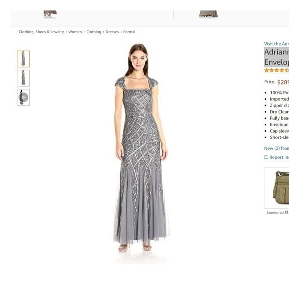 Adrianna Papell Long Beaded Mesh Dress Womens 10 Sterling Grey Silver $298 - Picture 5 of 14